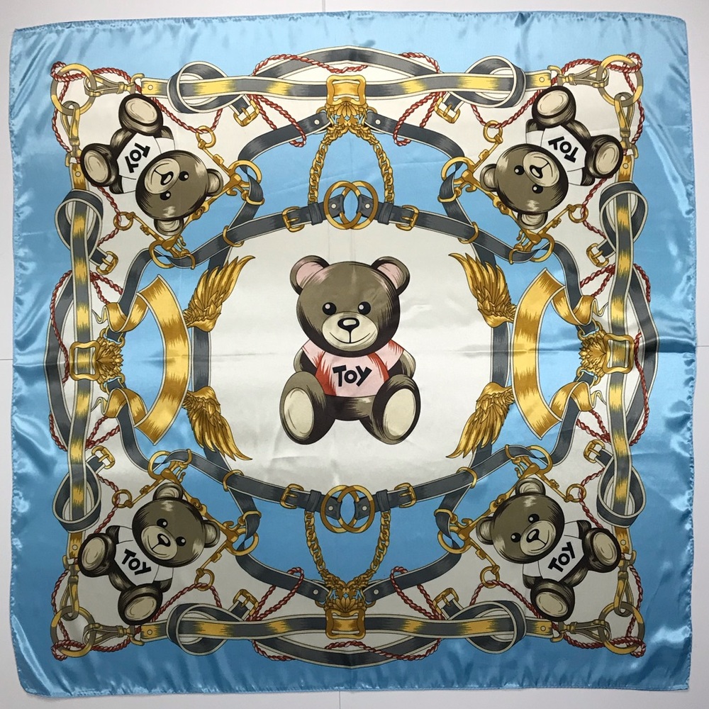 Teddy Bear Motif Satin Charmeuse Scarf